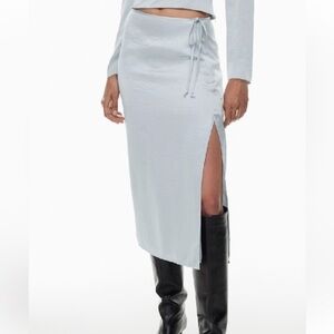 Wilfred Aritzia Elixir Satin Skirt Slate Blue Midi Slip Side Slit 8 Quiet Luxury